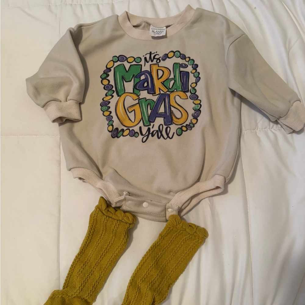 Mardi Gras Baby Onesie with Yellow Leg Warmers